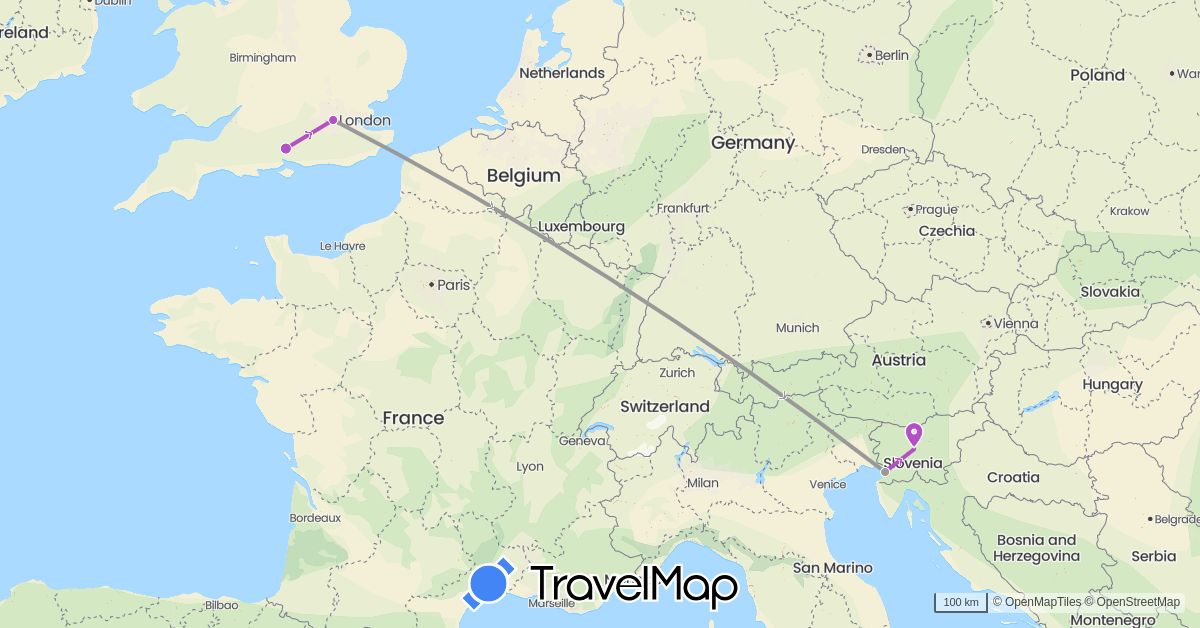 TravelMap itinerary: driving, plane, train in United Kingdom, Italy, Slovenia (Europe)